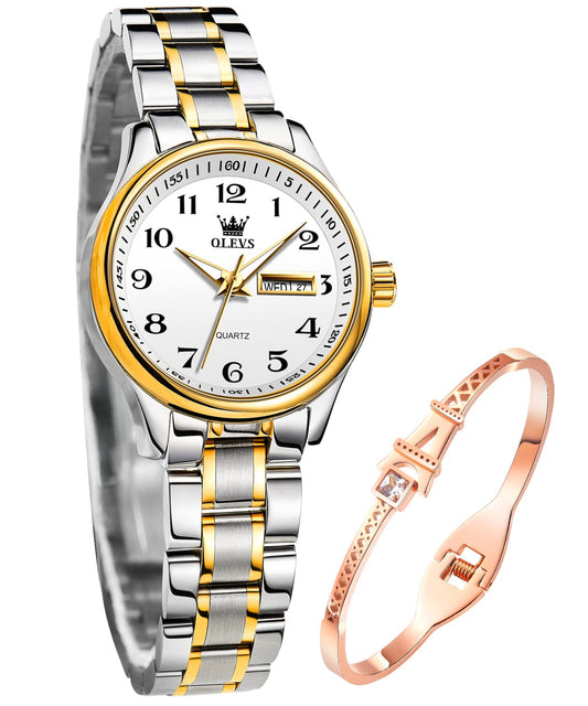 OLEVS Damenuhren Gold Silber Leicht zu Lesen Armbanduhren für Damen mit Kleines Gesicht Tag Datum Edelstahlband wasserdichte