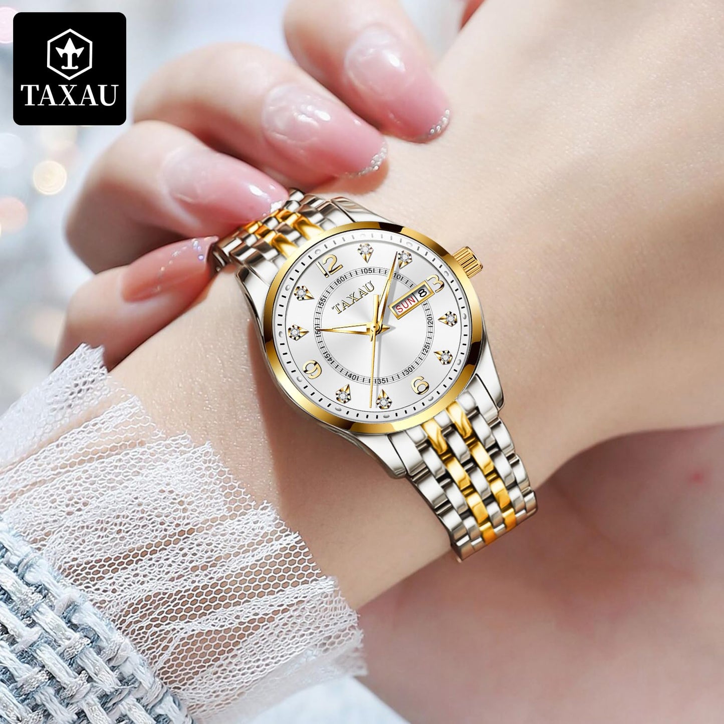 Taxau Uhren Frauen Luxus Diamant Arabisch Zifferblatt Armbanduhr für Frauen mit Datum wasserdichte Edelstahl Quarz Damenuhr Reloj para Mujer