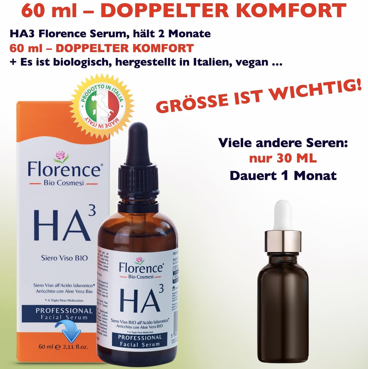 60 ml. Hochdosiertes Bio Hyaluron Serum mit Niacinamid, B5, Vitamin C und Aloe. Vegane Anti-Aging Gesichtspflege-Feuchtigkeitscreme. Hyaluronsäure serum für das Gesicht mit Anti-Falten-Wirkstoffen