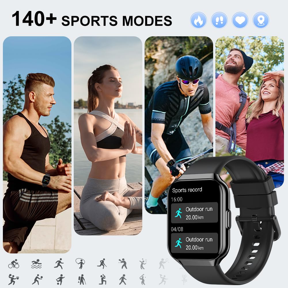 Hendari Smartwatch Herren Damen, 1,96" HD Touchscreen Smart Watch mit Telefonfunktion, 140+ Sportmodi Fitnessuhr IP68 Wasserdicht, Sportuhr mit Puls-Schlaf-Monitor Schrittzähler, Uhr für Android iOS