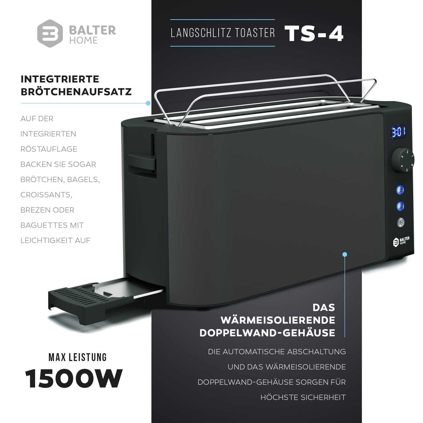 Balter Toaster 4 Scheiben, Langschlitz, Edelstahl, Brötchenaufsatz, LCD Display mit Restzeitanzeige, Auftaufunktion, Brotzentrierung, Krümelschublade, TS-04-LCD, Farbe: Grau