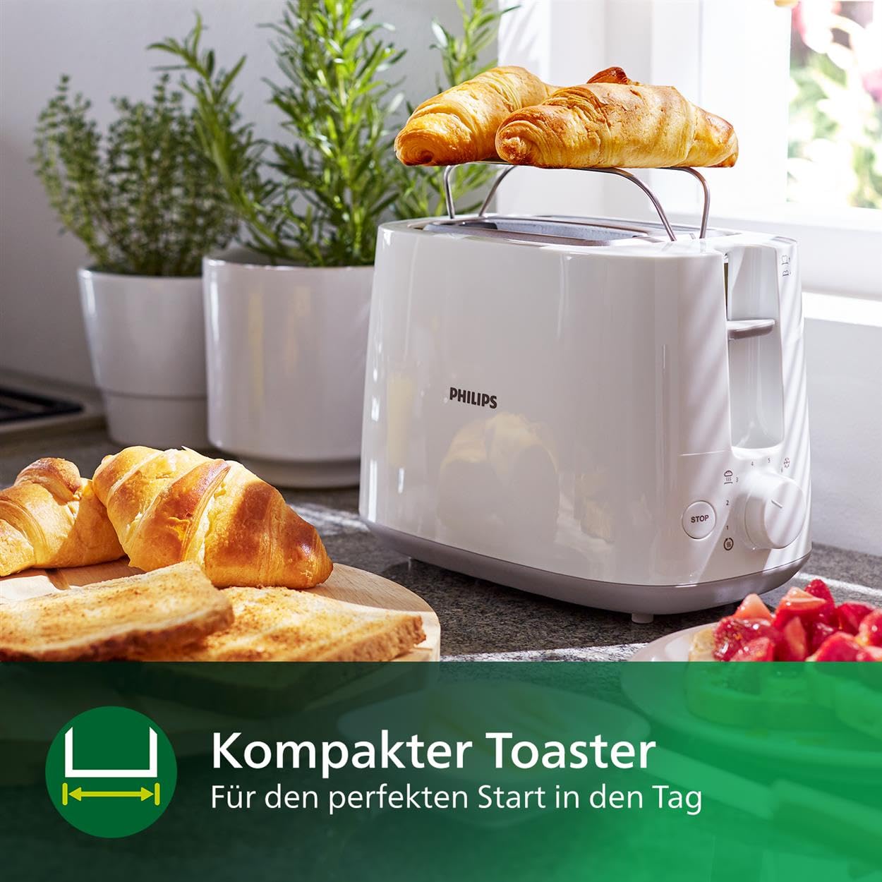 Philips Toaster – 2 Toastschlitze, 8 Stufen, Brötchenaufsatz, Auftaufunktion, Liftfunktion, Abschaltautomatik, weiß (HD2581/00)