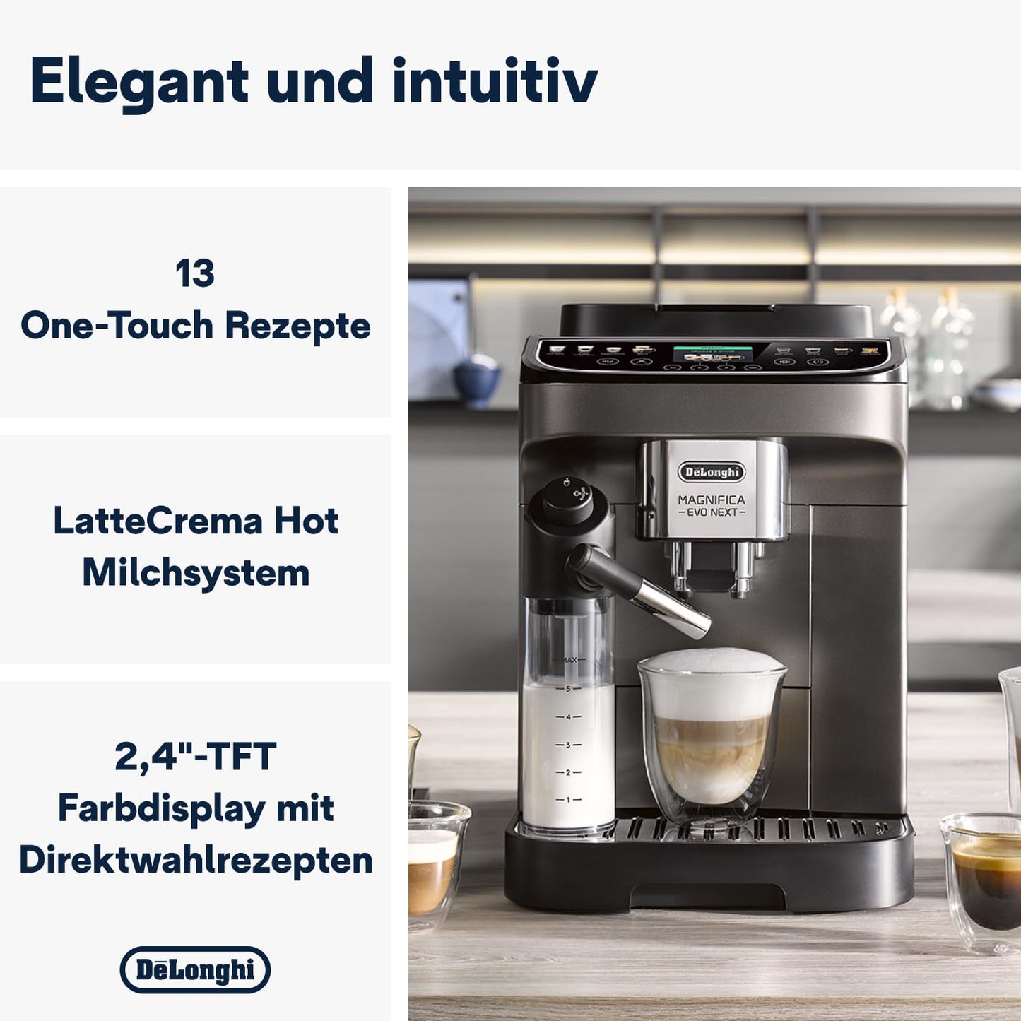 De'Longhi Magnifica Evo Next ECAM312.80.TB – Kaffeevollautomat mit 2,4'' TFT Farbdisplay & LatteCrema Milchsystem, 7 Direktwahltasten (Cappuccino, Espresso, Latte Macchiato), 2-Tassen-Funktion, Titan