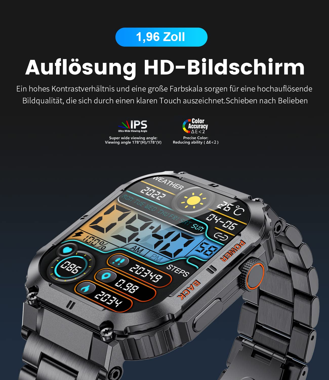 LIGE Smartwatch Herren Militärische mit Telefonfunktion,1.96'' HD Touchscreen,5ATM Wasserdicht,400mah Sportuhr,120+ Sportmodi Aktivitätstracker mit Blutdruck/Herzfrequenz/SpO2/Schlafmonitor Schwarz