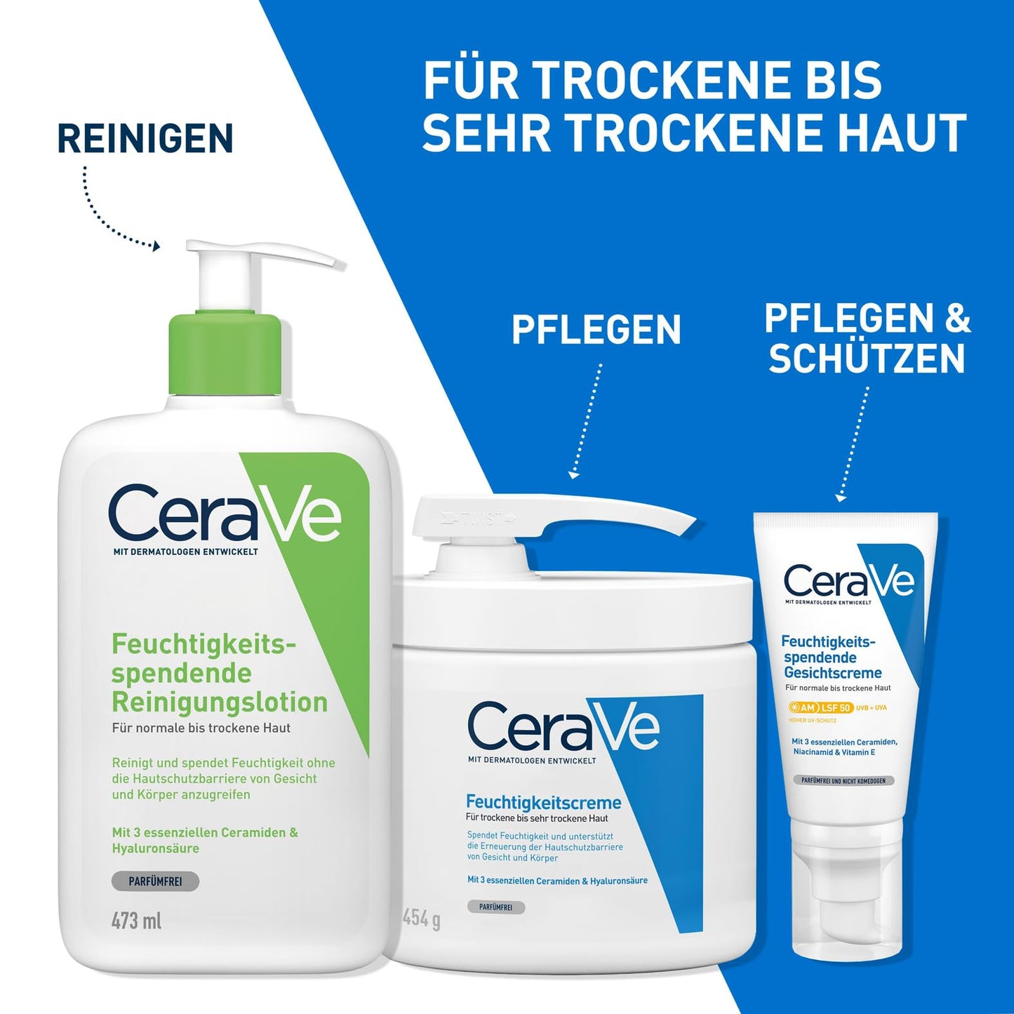 CeraVe Feuchtigkeitscreme für Körper und Gesicht, Mit Pumpspender, Creme für trockene bis sehr trockene Haut, Mit Hyaluron und 3 essenziellen Ceramiden, 454 g