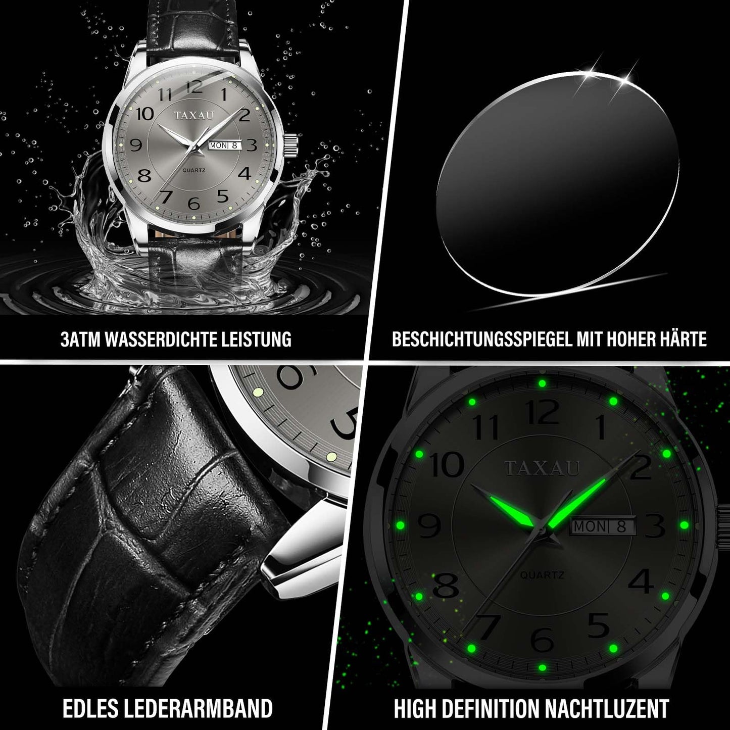 Taxau Uhren für Herren Mode Lederuhren Graues Zifferblatt mit Datum Klassische Business Männer Uhren Wasserdicht leuchtendes Kleid Analoge Quarz Armbanduhren Relojes para Hombres