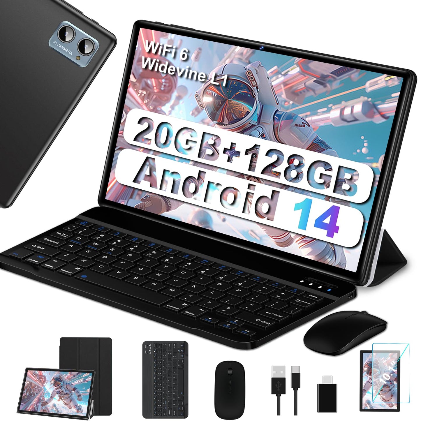 2025 Neueste Tablet 10 Zoll mit Widevine L1, Android 14 Tablet, 20GB RAM+128GB ROM(TF 1TB), Octa-Core 1.8GHz,WiFi 6, 6000mAh, Bluetooth 5.0, 1280 * 800, 8MP+5MP, Tablet mit Tastatur und Maus,Schwarz