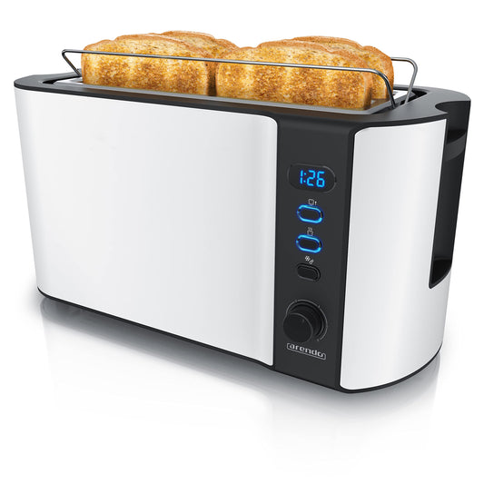 Arendo - Edelstahl Toaster Langschlitz 4 Scheiben, Defrost Funktion, Wärmeisolierendes Gehäuse mit integriertem Brötchenaufsatz - 1500W - Krümelschublade, Display mit Restzeitanzeige - weiß matt