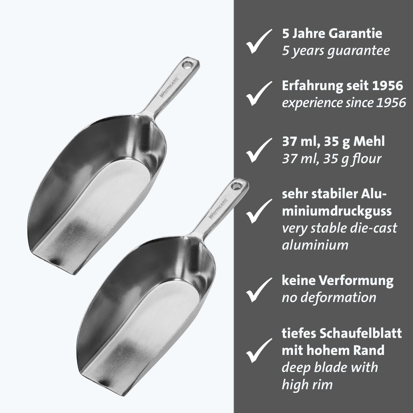 Westmark Back-/Abwiege-/Abfüllschaufeln, 2 Stück, Füllvolumen: je 37 ml (ca. 35 g Mehl), Aluminium, Hygia, Silber, 910122E3