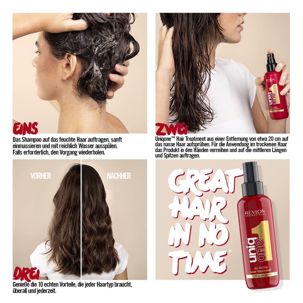 REVLON PROFESSIONAL UniqOne Hair Treatment Classic, 150 ml, Leave in Haarkur für bessere Kämmbarkeit & Glanz, Haarpflege ohne Ausspülen, Anti Frizz Spray mit Hitzeschutz, vegan