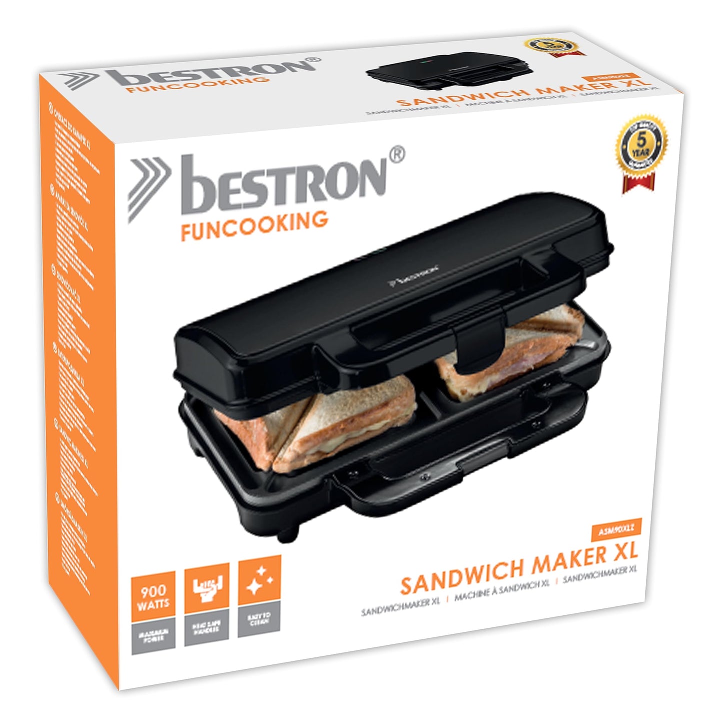 Bestron XL Sandwichmaker, Antihaftbeschichteter Sandwich-Toaster für 2 Sandwiches, inkl. automatischer Temperaturregelung & Bereitschaftsanzeige, 900 Watt, Farbe: Schwarz Mattiert