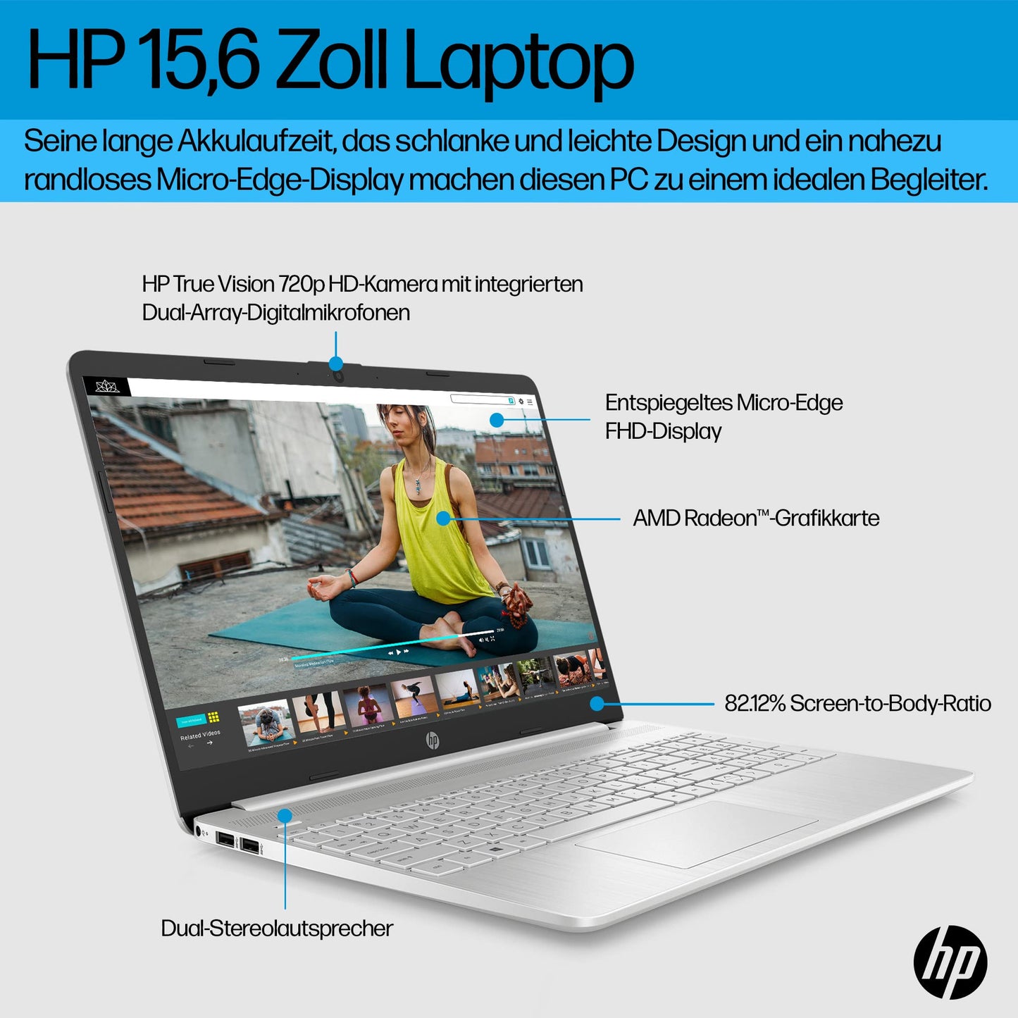 HP Laptop 15,6 Zoll FHD Display, AMD Ryzen 5-5500U, 16GB DDR4 RAM, 512GB SSD, AMD Radeon Grafik, QWERTZ Tastatur, Windows 11, Silber