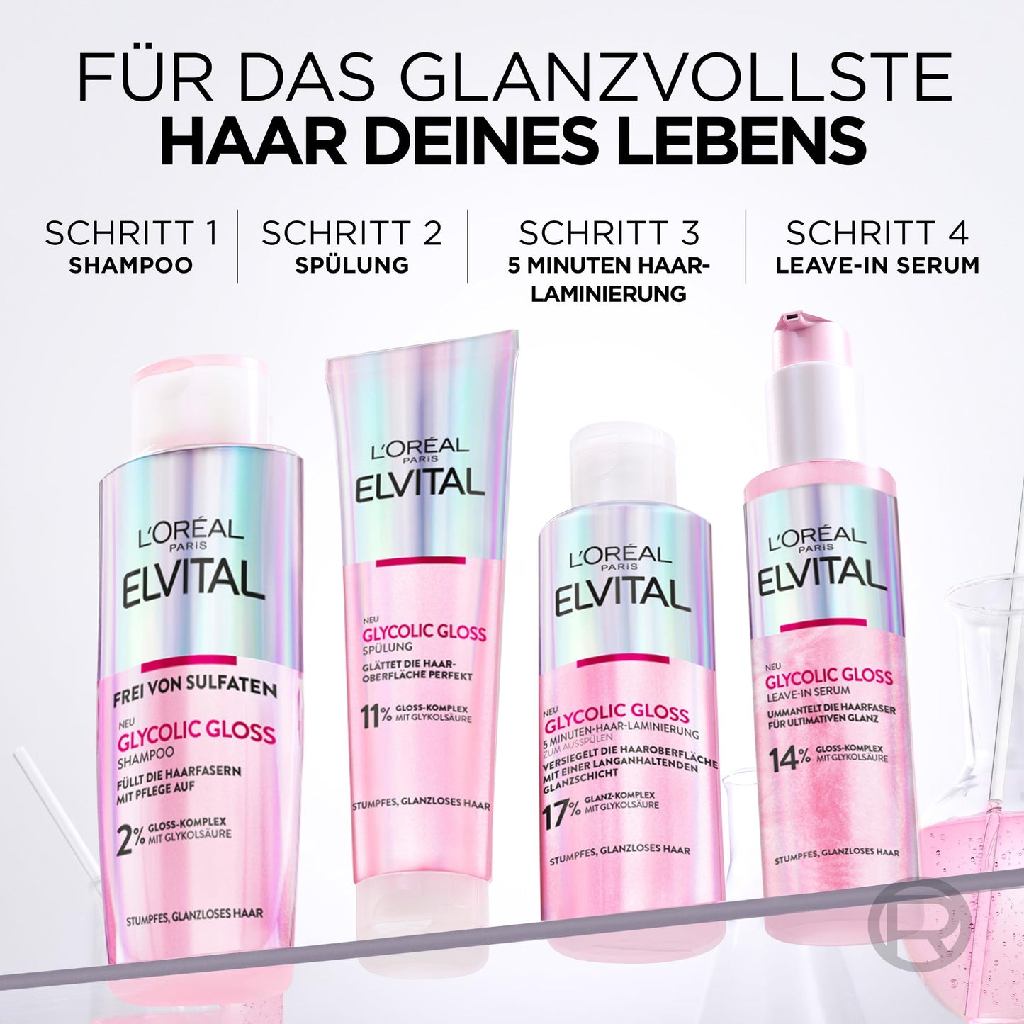 L'Oréal Paris Elvital Glycolic Gloss Serum für glanzloses und stumpfes Haar, Haarpflege für intensive Geschmeidigkeit und ultimativen Glanz, Leave-In Serum, regenerierend, mit Glykolsäure, 150ml