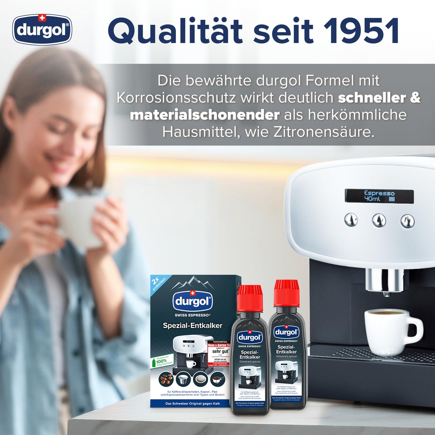 durgol swiss espresso Spezial-Entkalker – Kalkentferner für Kaffeemaschinen aller Typen und Arten – Einfache Reinigung ohne Einwirkzeit & Rückstände – Deutsche Version – 2x125ml