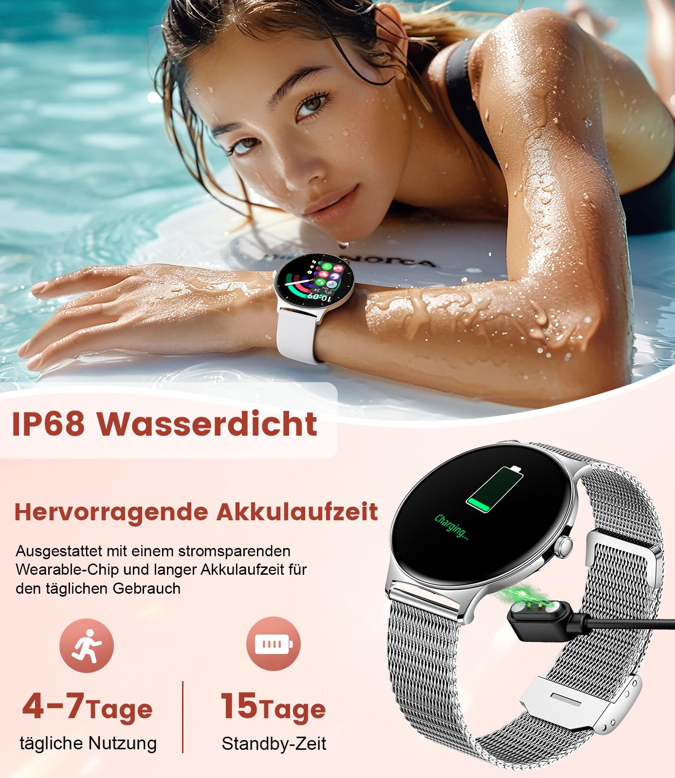 Smartwatch Damen Mit Telefonfunktion,1.43"AMOLED Fitnessuhr Mit Herzfrequenz/Spo2/Schlafmonitor Kompatibel Android iOS,SchrittzäHler Kalorien IP68 Wasserdicht Smart Watch 100+Sport Modi Silbrig