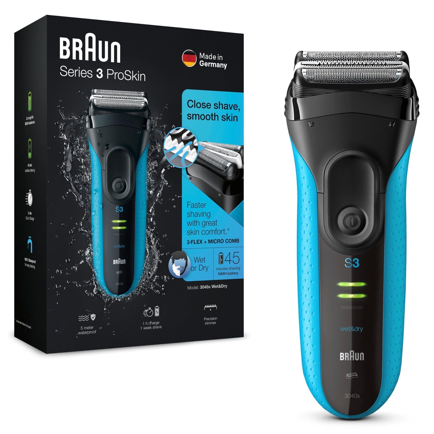 Braun Series 3 ProSkin Elektrorasierer mit Präzisionstrimmer, Rasierer Herren Elektrisch, elektrischer Rasierer, Wet&Dry, rasierapparat, trockenrasierer, Made in Germany, 3040s, schwarz/blau