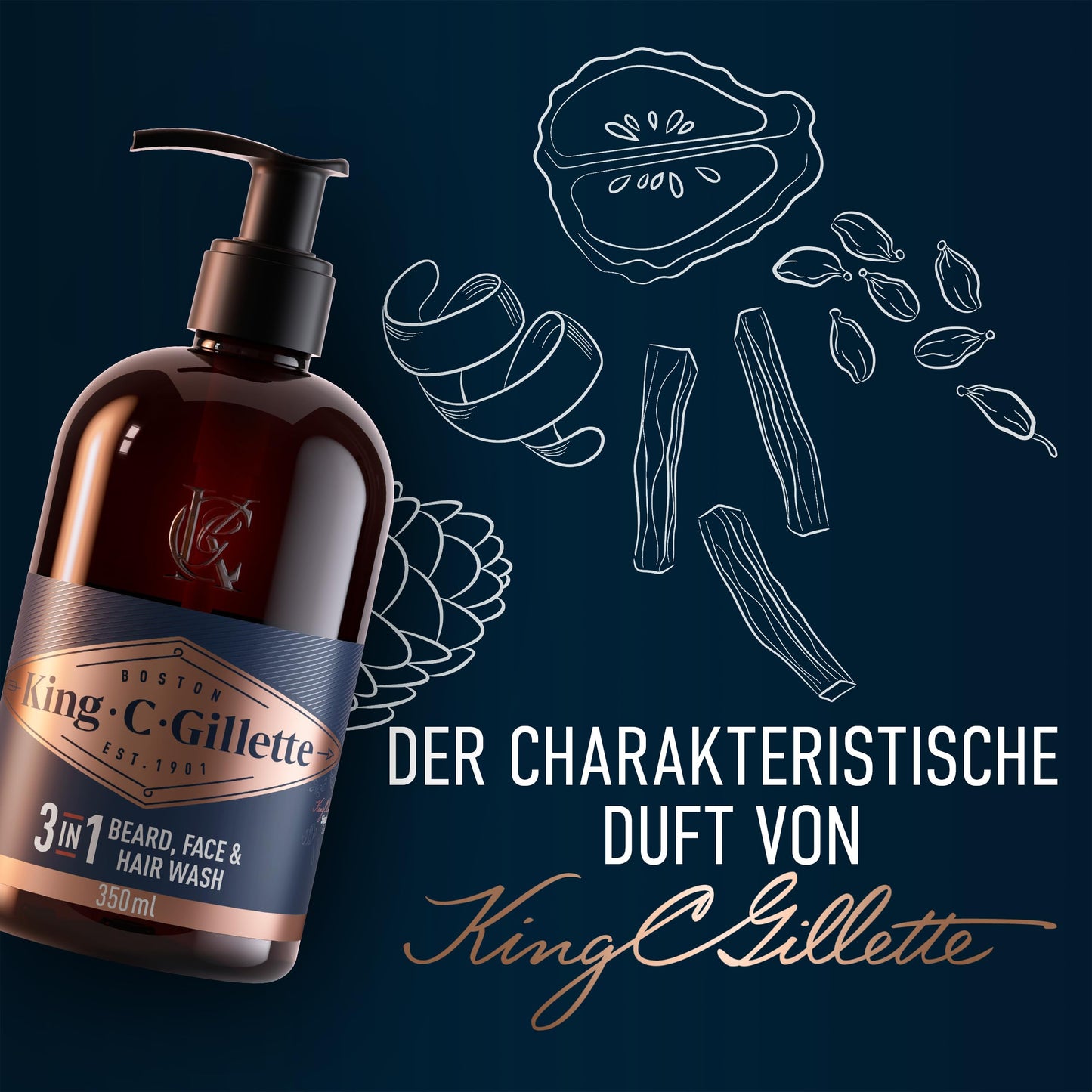 King C. Gillette 3-in-1 Bart-, Gesichts- und Haarwaschgel für Männer, tägliche Reinigung und Frische, mit charakteristischem King C. Duft , 350 ml