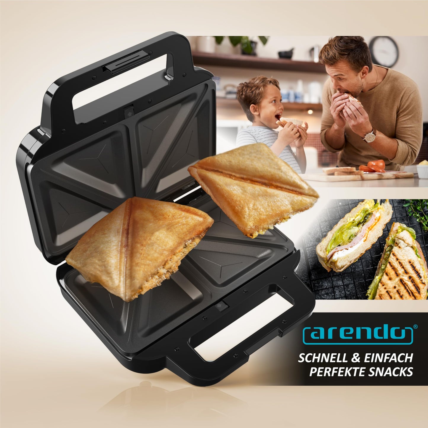 Arendo -Sandwichmaker mit Wechselplatten - Waffeleisen doppelt - 4 in 1 - Panini Maker Kontaktgrill - Antihaftbeschichtung - BPA und PFOA frei - Temperaturkontrolle – Sandwich Maker - Sandwichtoaster