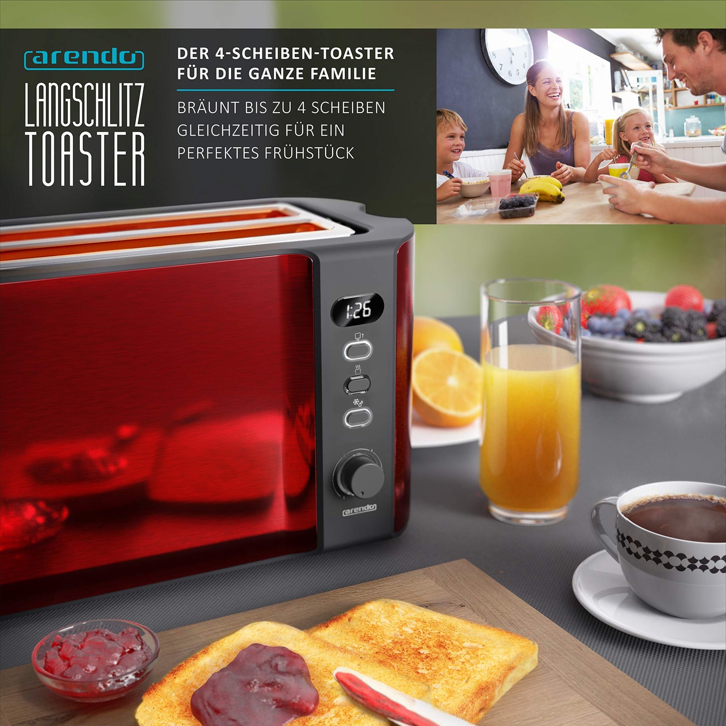 Arendo - Edelstahl Toaster Langschlitz 4 Scheiben - Defrost Funktion - wärmeisolierendes Gehäuse - mit integrierten Brötchenaufsatz - 1500W - Krümelschublade - Display mit Restzeitanzeige - Karminrot