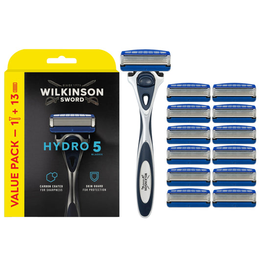 Wilkinson Sword - Hydro 5 Rasierer für Männer, Rasiergriff + 13 Rasierklingen, Feuchtigkeitsspendende Gel-Pools und umklappbarer Trimmer