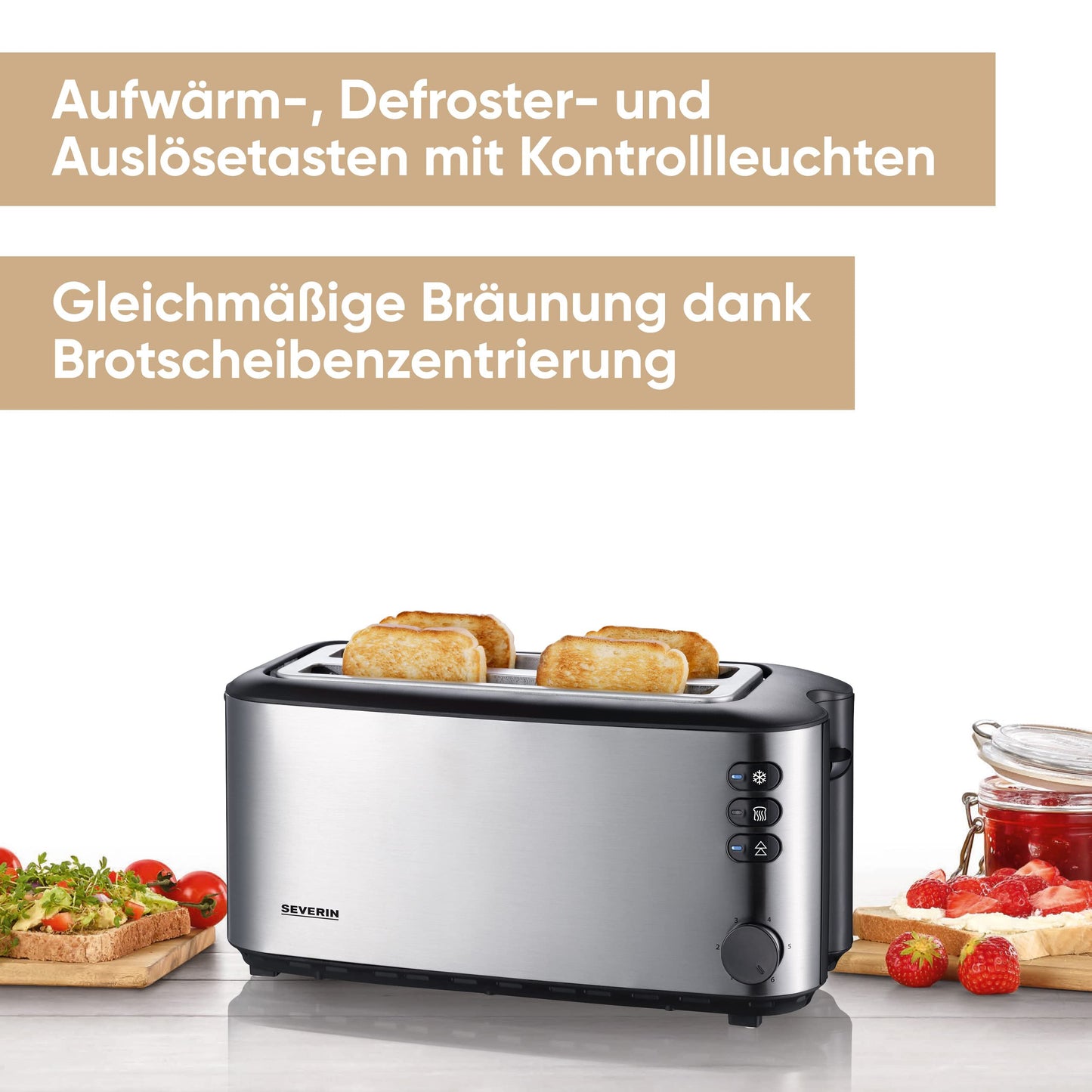 SEVERIN Automatik-Langschlitztoaster, Toaster mit Brötchenaufsatz, hochwertiger Edelstahl Toaster mit großen Röstkammern und 1400 W Leistung, Edelstahl-gebürstet/schwarz, AT 2509