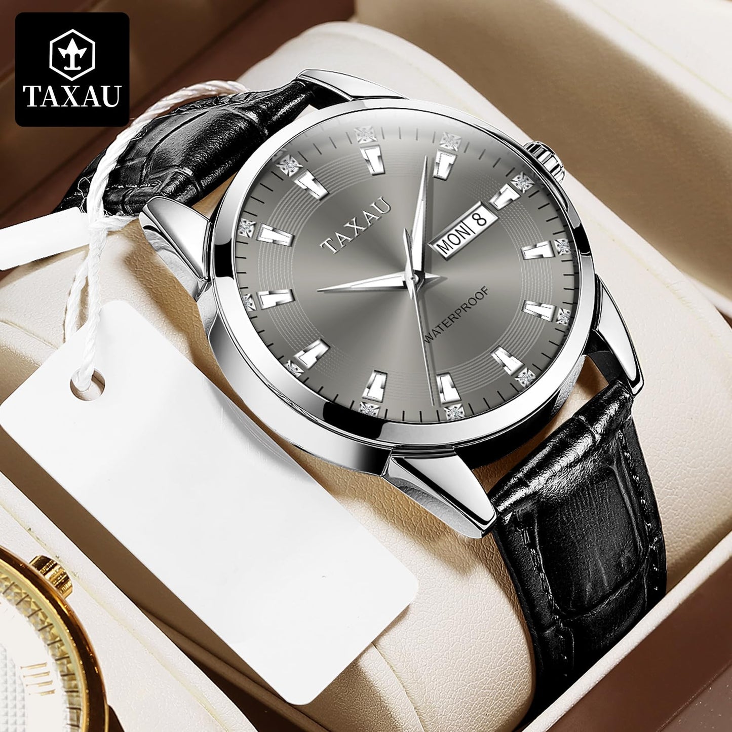 Taxau Kleid Uhren für Männer Graues Zifferblatt Quarzuhren für Männer Edelstahl Armbanduhr Luxcury Diamant Wasserdicht Luminous Day Date Herrenuhren Reloyes para Hombres