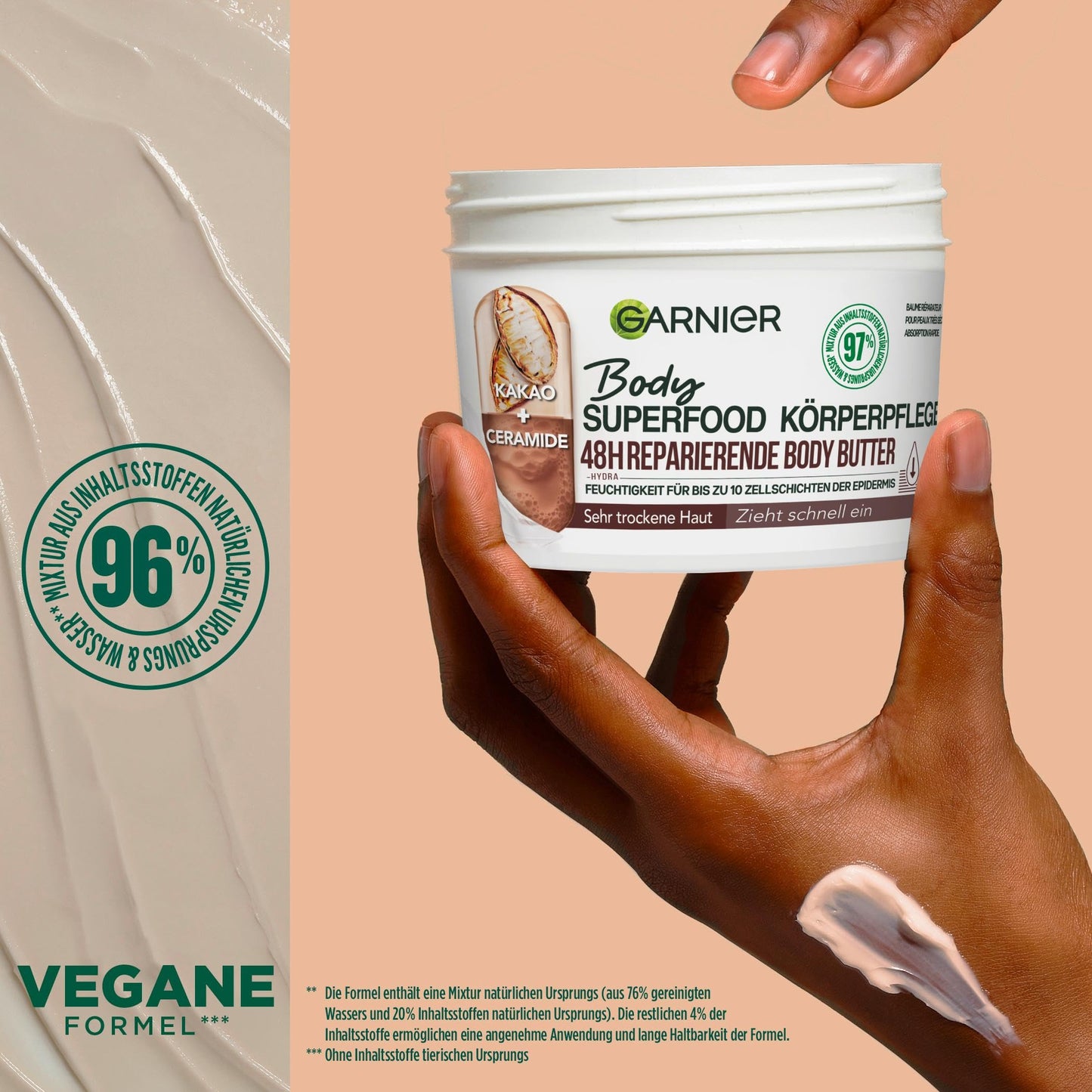 Garnier Reparierende Körperpflege für trockene Haut, Body Butter mit Kakaobutter und Ceramiden, Für bis zu 48 Stunden Feuchtigkeit, Body Superfood, 1 x 380 ml