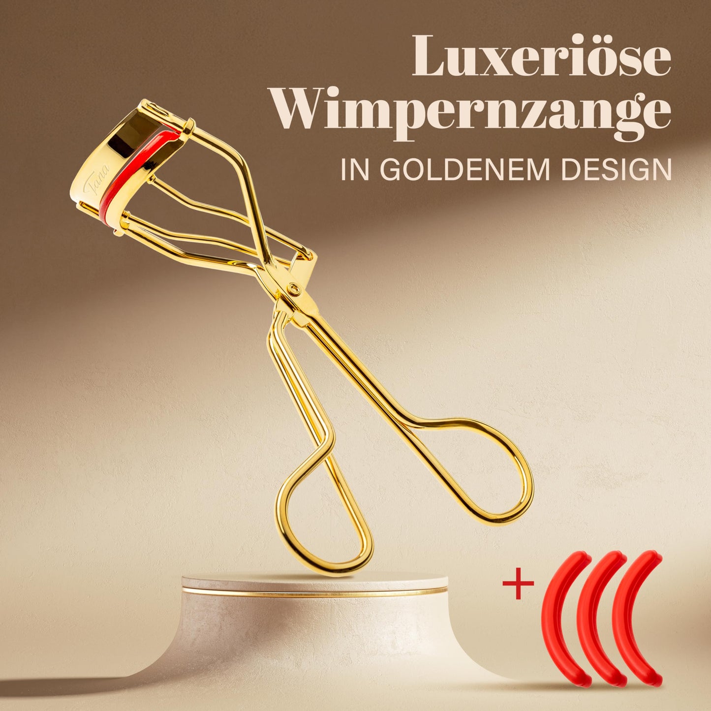 TANA Wimpernzange Gold | 1 Stück, inkl. 3 Ersatzpads | Vergoldeter Eyelash Curler für alle Augenformen I Perfekte Eyelashes (Wimpernzange Gold inkl. 3 Ersatzpads)