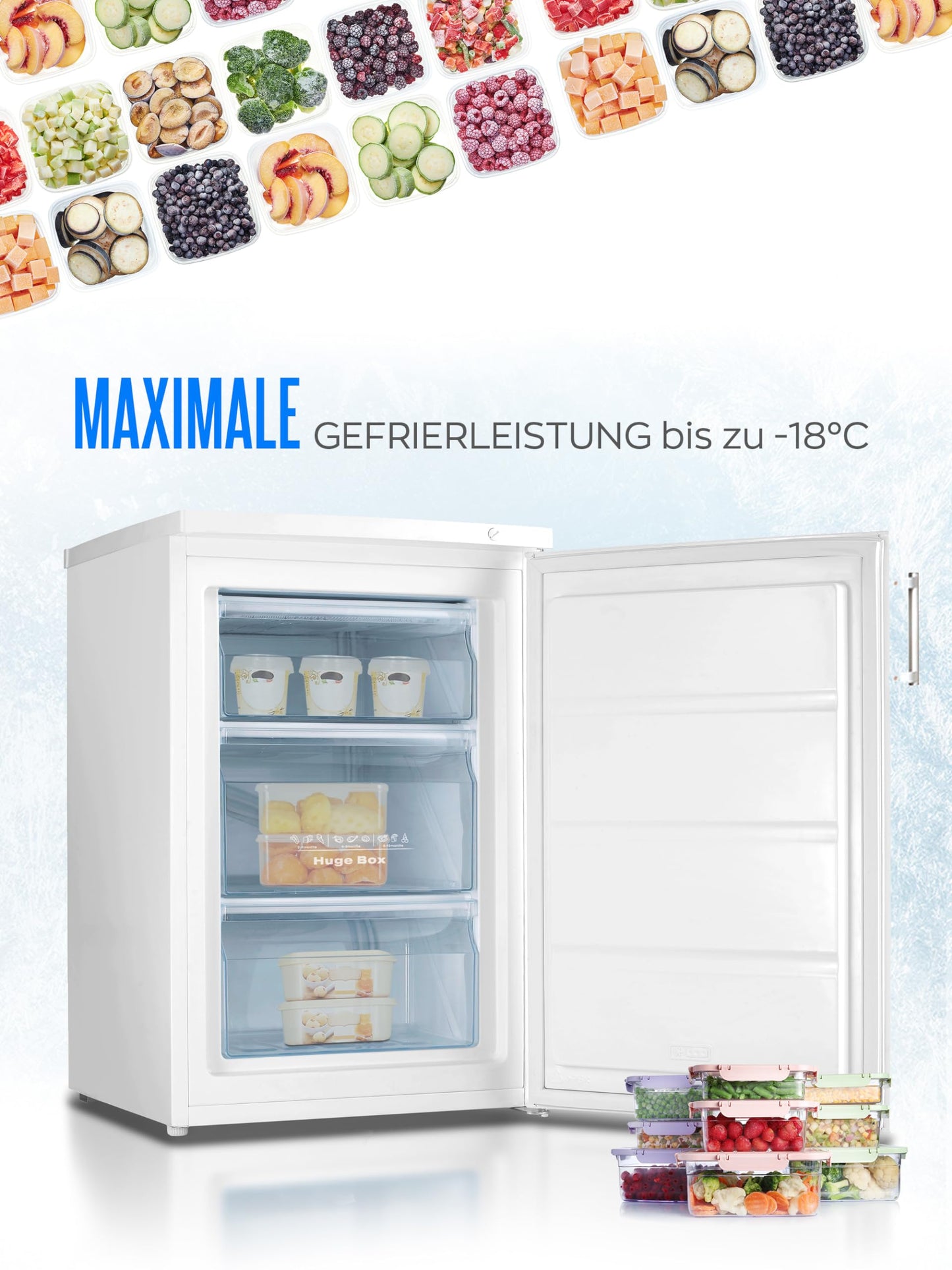 HEINRICHS Gefrierschrank, Freezer, 3x Gefrierschublade, Stufenloser Temperaturregler,Airflow, wechselbarer Türanschlag, 85 Liter Nutzinhalt, Temperatur:-18°C~-38°C, weiß