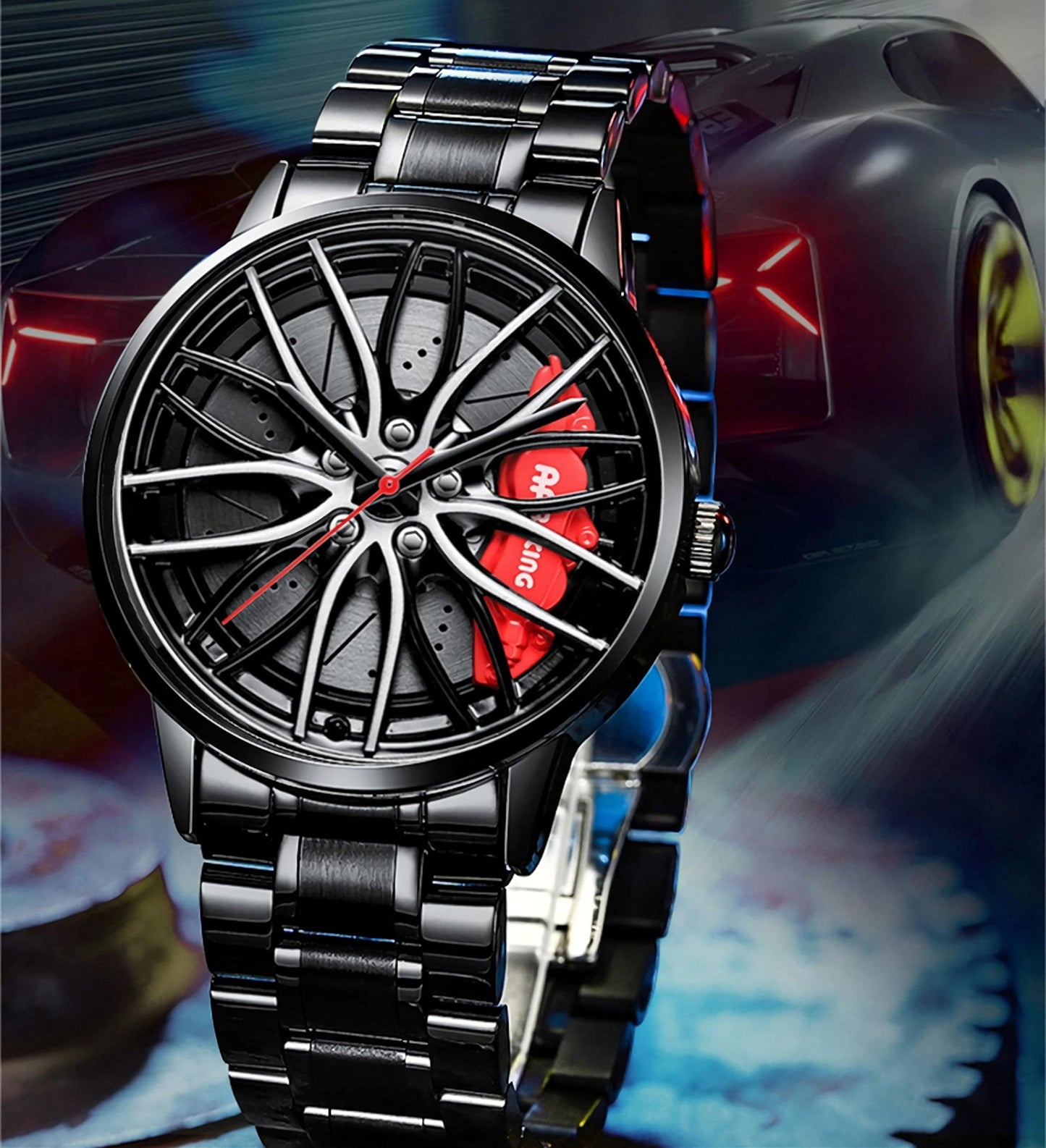 RWXCOW Herren Uhr Kreativ Armbanduhren,Autorad Felgennabenuhr,Auto Rad Felgen Nabe Uhr, Männer Sport Wasserdicht Custom Design Armbanduhr,3D Auto Rad Felge Nabe Quarz Herrenuhr Stahlbandrot