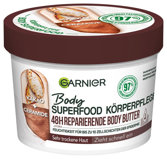 Garnier Reparierende Körperpflege für trockene Haut, Body Butter mit Kakaobutter und Ceramiden, Für bis zu 48 Stunden Feuchtigkeit, Body Superfood, 1 x 380 ml