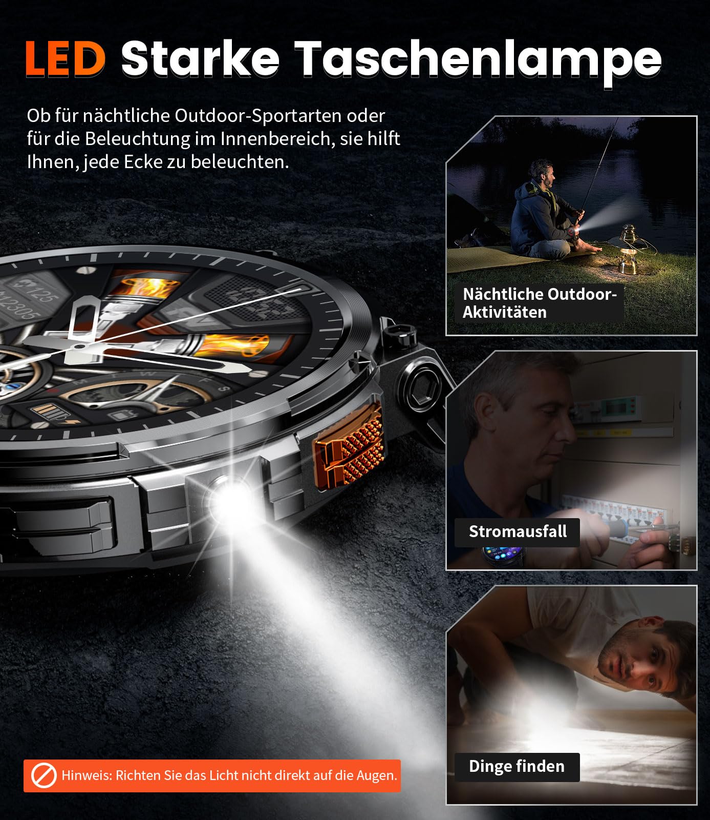 ESFOE Smartwatch Herren mit Telefonfunktion,1.85'' Militär Smart Watch mit 730mAh Lange Akkulaufzeit,LED Taschenlampe,IP68 Wasserdicht Fitnessuhr mit 100+ Sportmodi,Gesundheitsüberwachung Android iOS