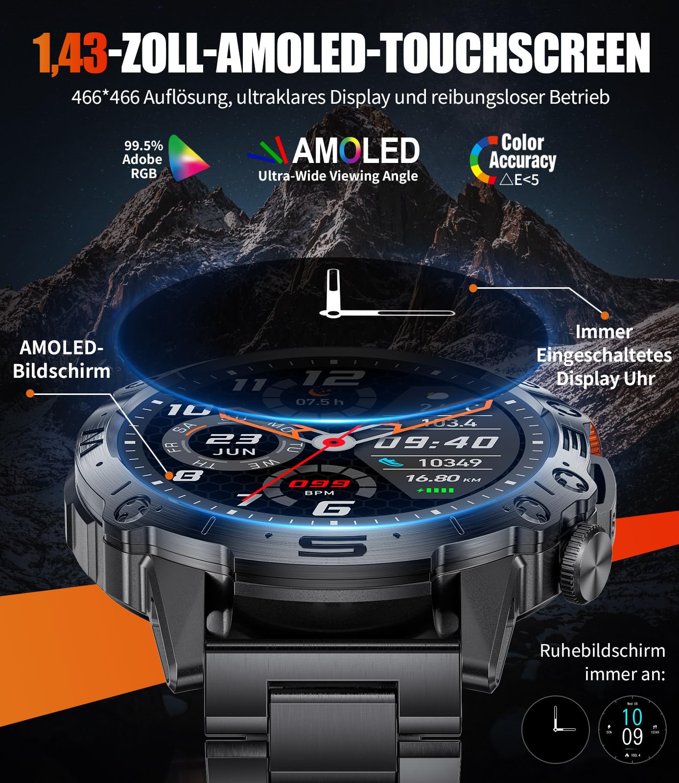 LIGE Smartwatch Herren 1.43 Zoll AMOLED Sportuhren mit Telefonfunktion Kompatibel Android iOS,5ATM Wasserdicht,100+Sport Modi, Herzfrequenz/schlafen/Schrittzähler Militär Schwarz Männer Smartwatch…