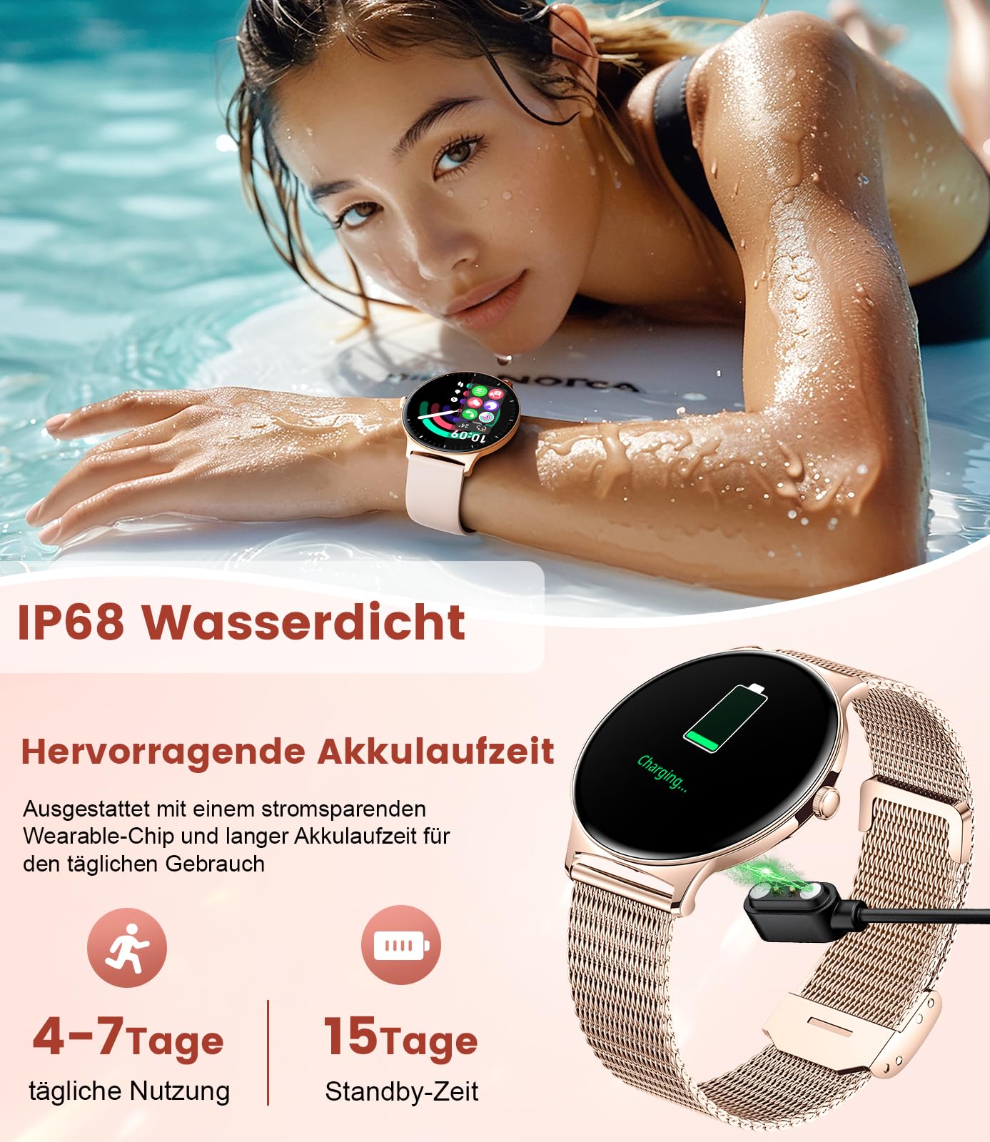 Smartwatch Damen Mit Telefonfunktion,1.43"AMOLED Fitnessuhr Mit Herzfrequenz/Spo2/Schlafmonitor Kompatibel Android iOS,SchrittzäHler Kalorien IP68 Wasserdicht Smart Watch 100+Sport Modi Roségold