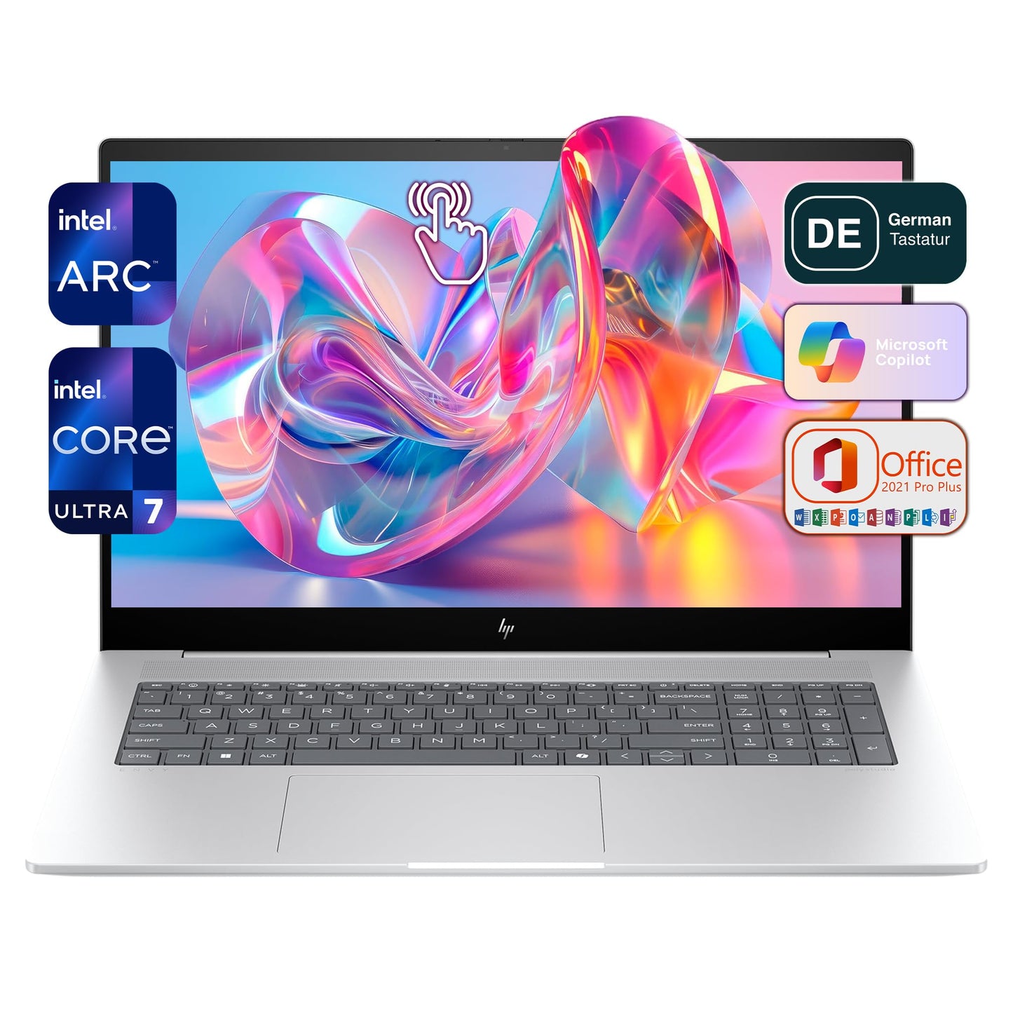 HP Envy Business Laptop, Intel Core Ultra 7-155H, 64 GB DDR5 RAM, 2 TB PCIe SSD, 17.3" FHD IPS Touchscreen, Intel Arc Graphics, QWERTZ Tastatur, Windows 11 Home, Office 2021, Silber