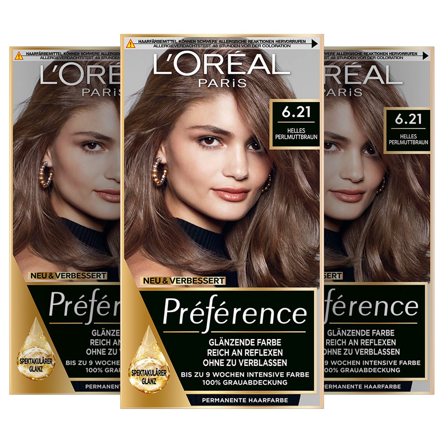 L'Oréal Paris Permanente Haarfarbe, Haarfärbeset mit Coloration und Farbglanz-Pflegebalsam, Préférence, 6.21 Helles Perlmuttbraun, 3er Set