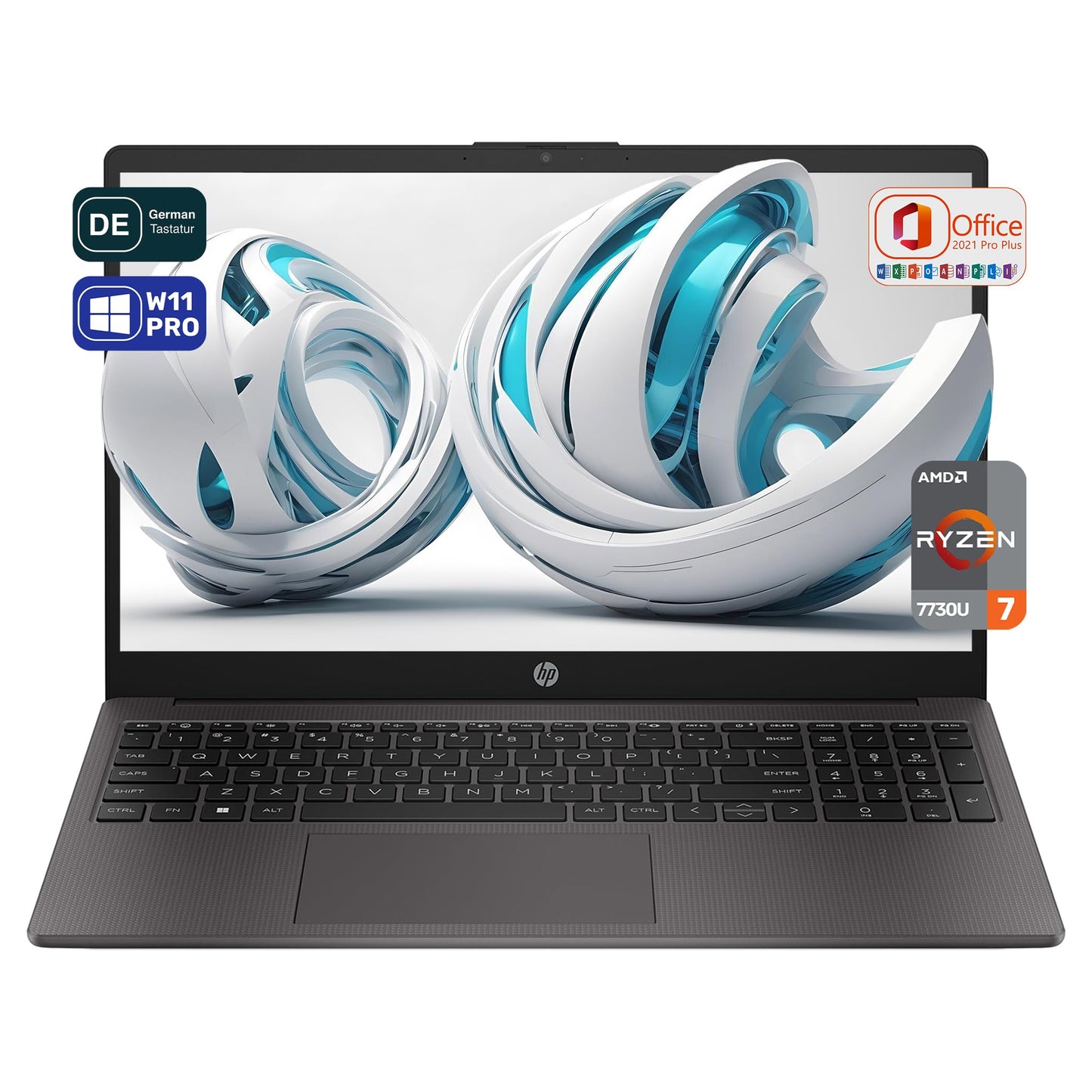 HP 255 G10 Business Laptop, AMD Ryzen 7 7730U, 32 GB DDR4 RAM, 1 TB PCIe SSD, 15.6" IPS FHD Display, AMD Radeon Graphics, QWERTZ Tastatur, Windows 11 Pro, Office 2021, Anthrazit