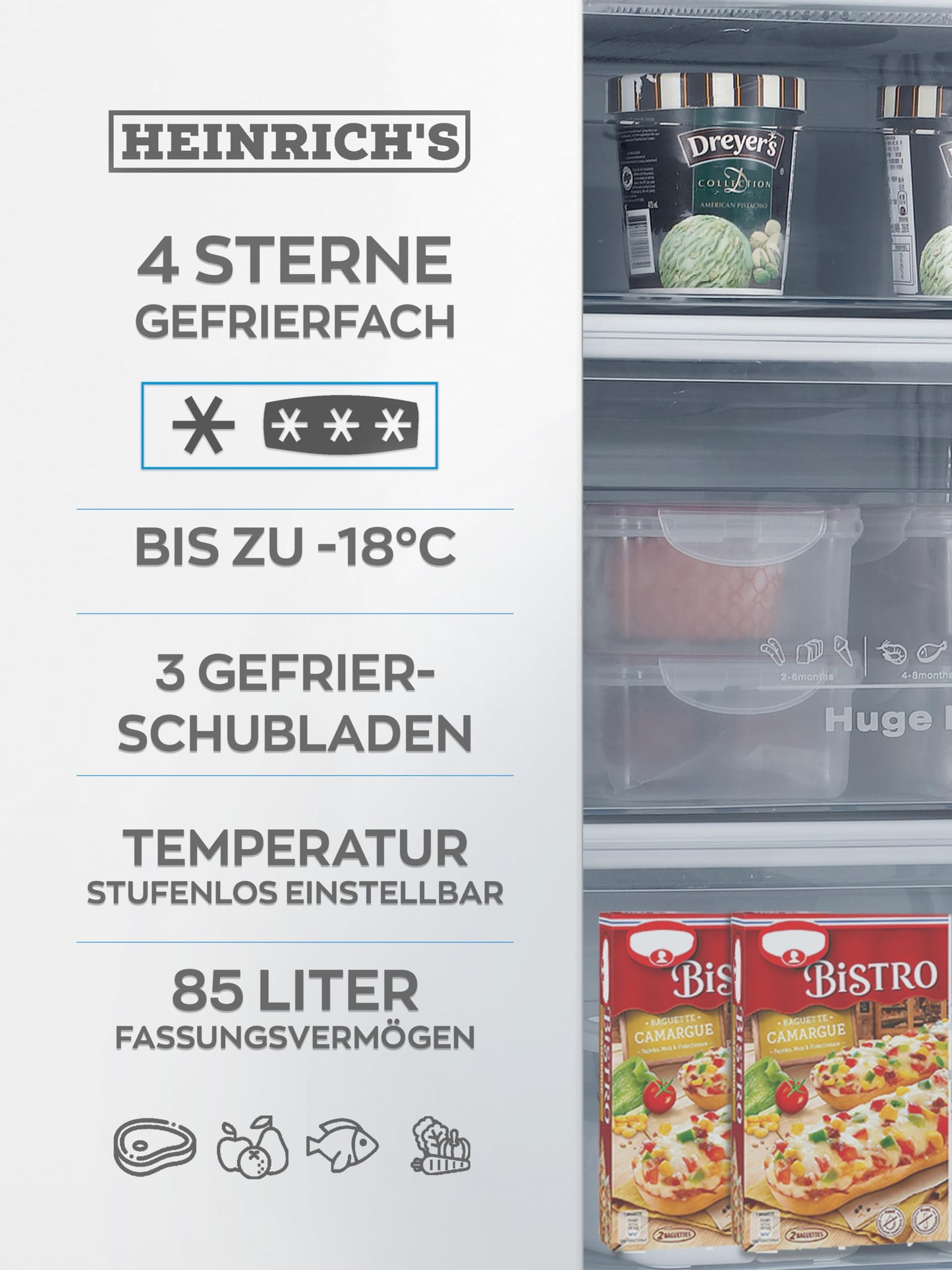 HEINRICHS Gefrierschrank, Freezer, 3x Gefrierschublade, Stufenloser Temperaturregler,Airflow, wechselbarer Türanschlag, 85 Liter Nutzinhalt, Temperatur:-18°C~-38°C, weiß