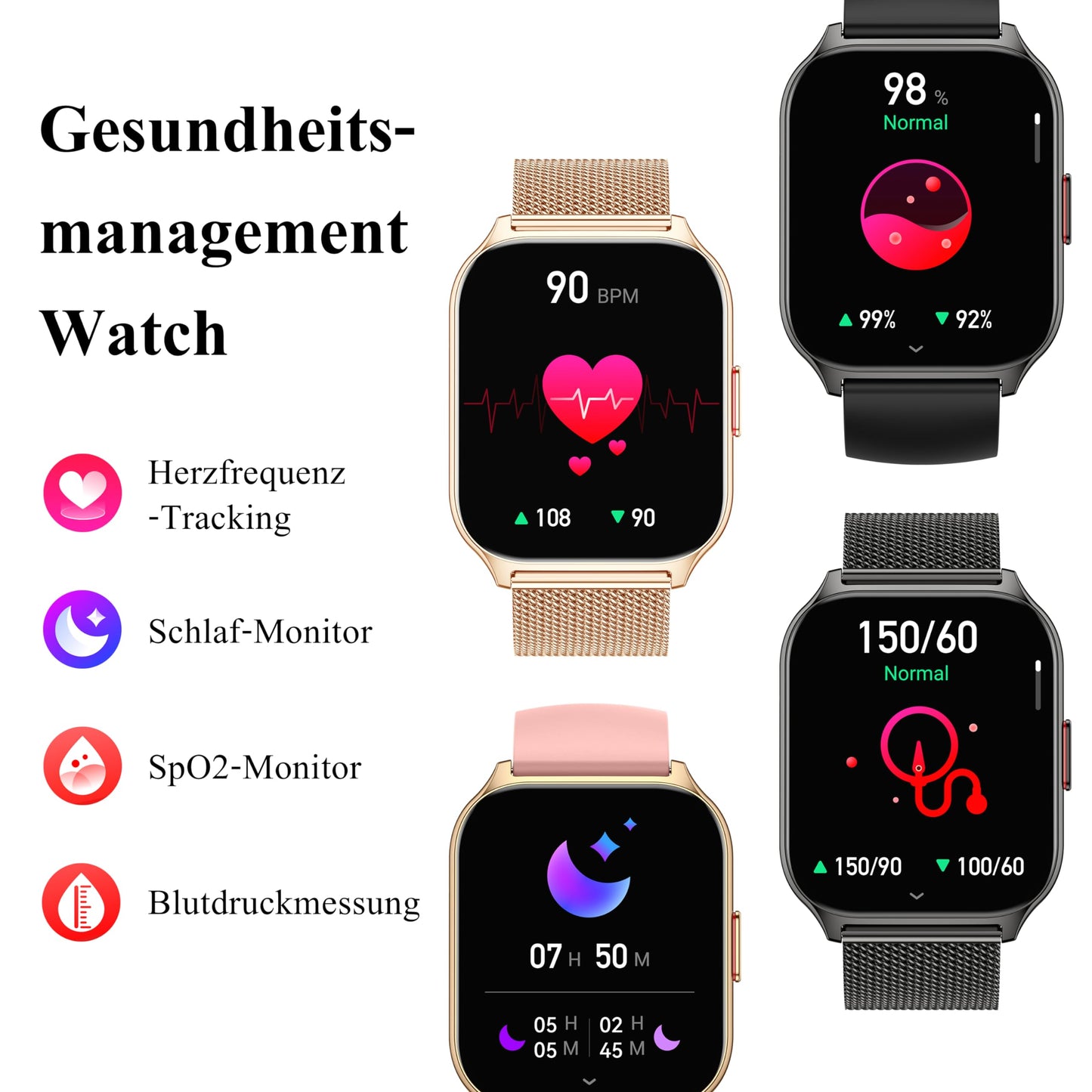 Popglory Smartwatch mit Telefonfunktion, Fitnesstracker 2.01 Zoll Touch-Farbdisplay,Blutdruckmessung Herzfrequenz Schlafmonitor SpO2, Sportuhr IPx8 Wasserdicht Schrittzähler für Damen Herren