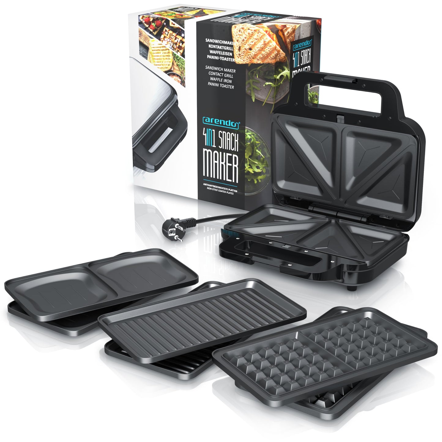 Arendo -Sandwichmaker mit Wechselplatten - Waffeleisen doppelt - 4 in 1 - Panini Maker Kontaktgrill - Antihaftbeschichtung - BPA und PFOA frei - Temperaturkontrolle – Sandwich Maker - Sandwichtoaster