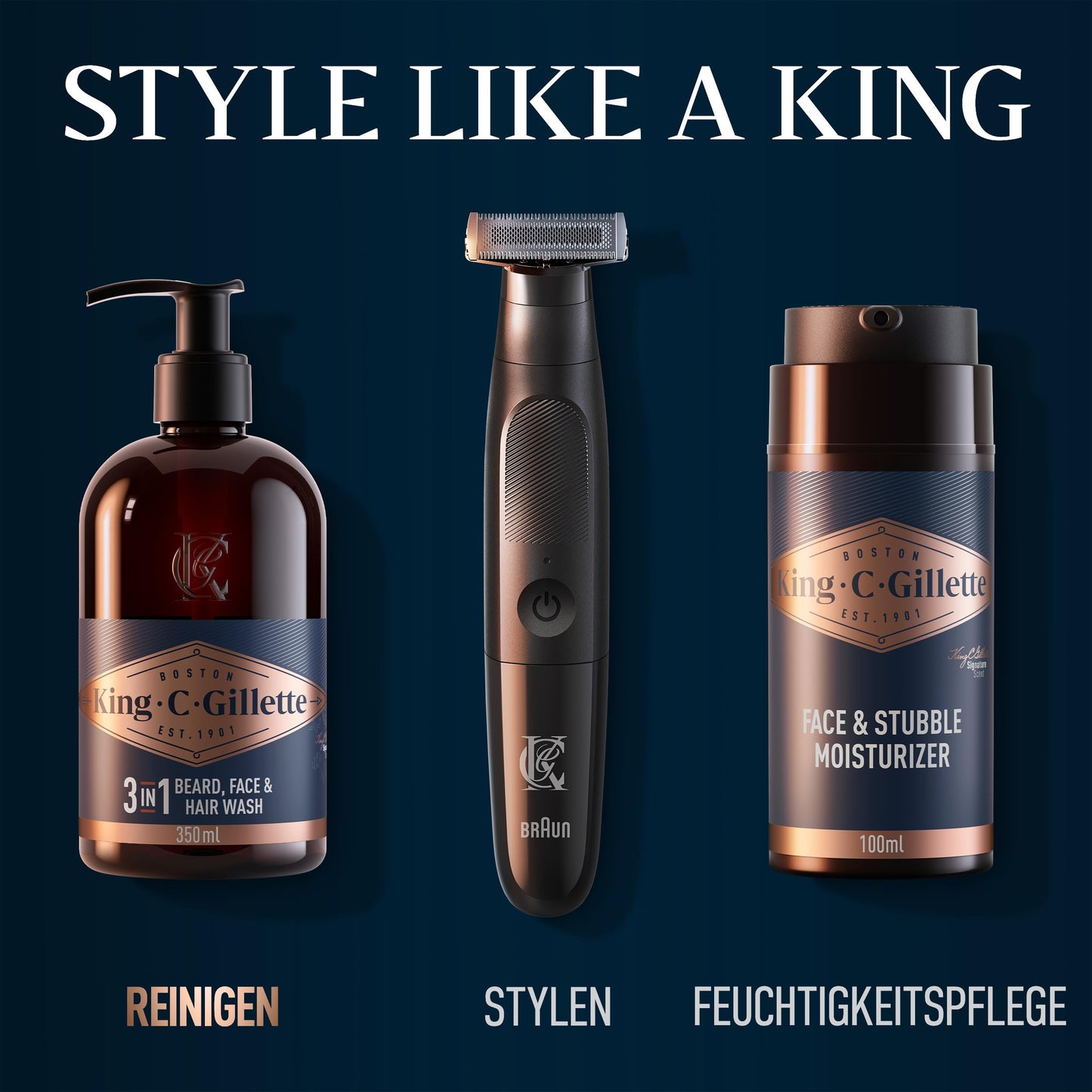 King C. Gillette 3-in-1 Bart-, Gesichts- und Haarwaschgel für Männer, tägliche Reinigung und Frische, mit charakteristischem King C. Duft , 350 ml