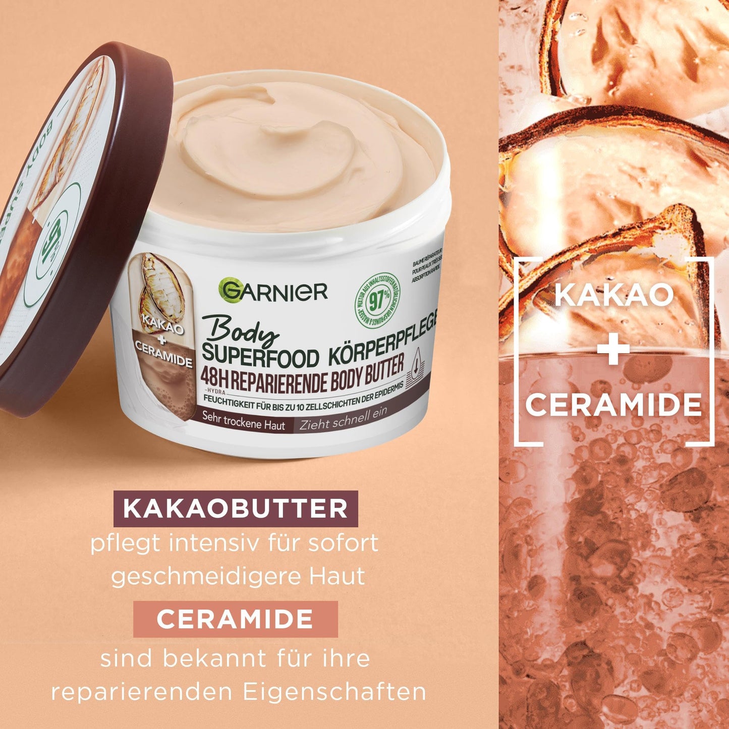 Garnier Reparierende Körperpflege für trockene Haut, Body Butter mit Kakaobutter und Ceramiden, Für bis zu 48 Stunden Feuchtigkeit, Body Superfood, 1 x 380 ml