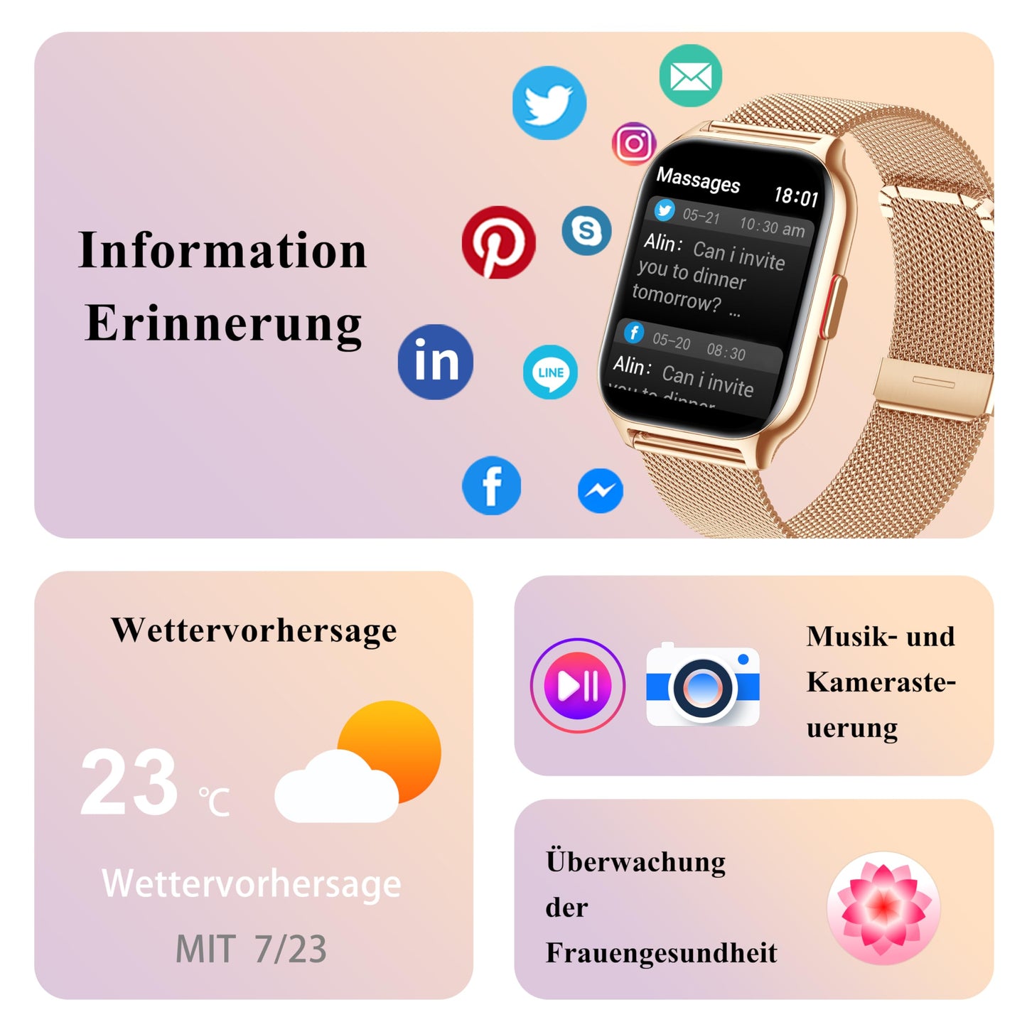 Popglory Smartwatch mit Telefonfunktion, Fitnesstracker 2.01 Zoll Touch-Farbdisplay,Blutdruckmessung Herzfrequenz Schlafmonitor SpO2, Sportuhr IPx8 Wasserdicht Schrittzähler für Damen Herren