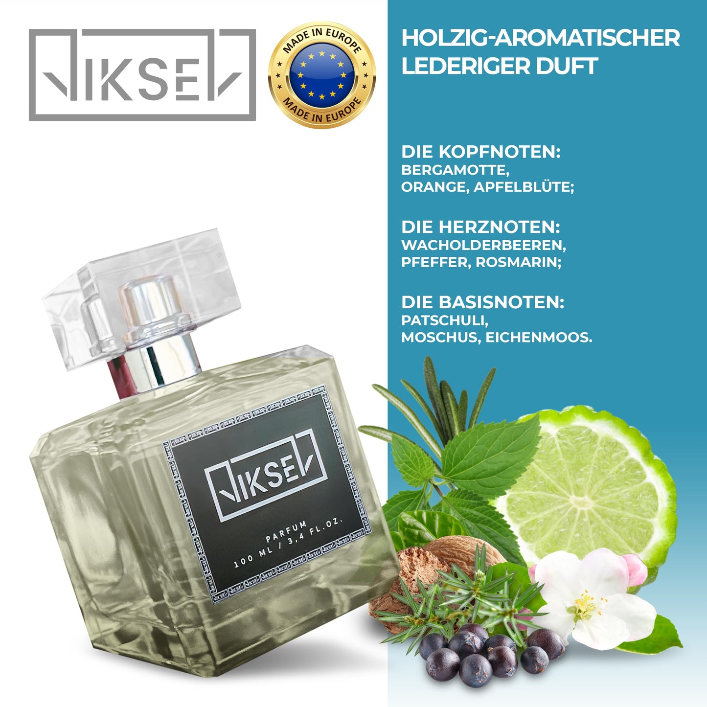 Viksel Eau de Parfum Herren - EDP Chypre Aromatisch Leder Holzig Duft (Bergamotte, Orange, Apfelblüte, Pfeffer, Patchouli, Moschus, Eichenmoos) VL XIX,100 ml