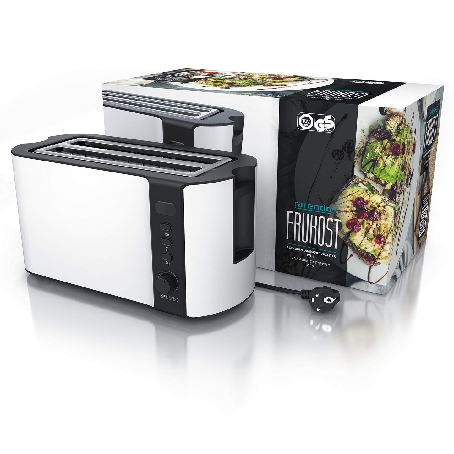 Arendo - Edelstahl Toaster Langschlitz 4 Scheiben, Defrost Funktion, Wärmeisolierendes Gehäuse mit integriertem Brötchenaufsatz - 1500W - Krümelschublade, Display mit Restzeitanzeige - weiß matt