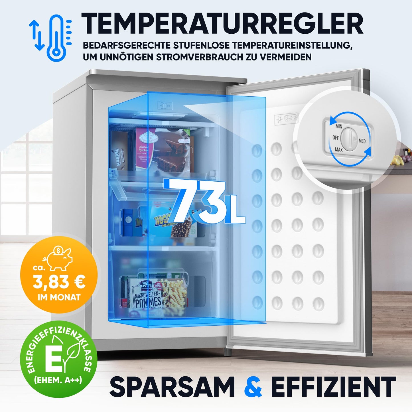 Stillstern Gefrierschrank E (73L) 4-Sterne-Gefrierfach -18°C, geringer Energieverbrauch, 3 Fächer, stufenlos regelbare Temperatur, wechselbarer Türanschlag, Gefrierschrank Klein, Tiefkühlschrank