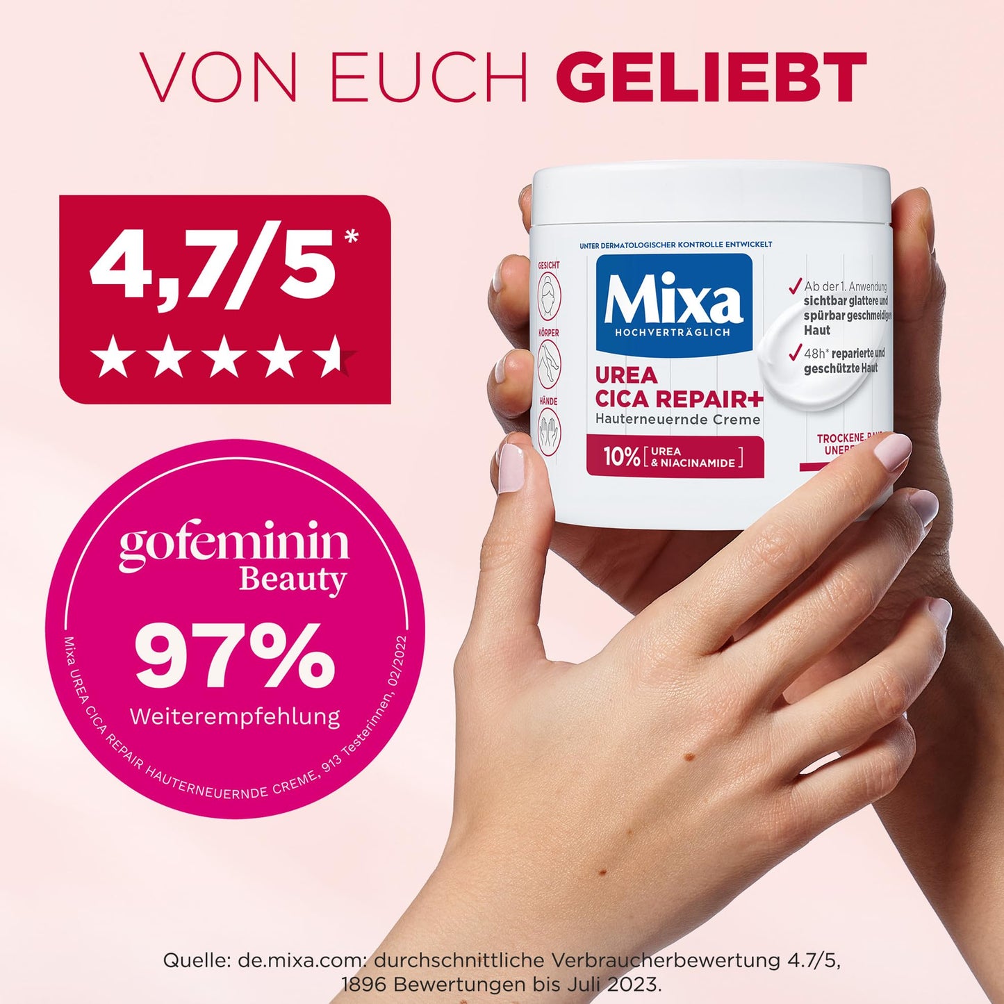 Mixa Urea hauterneuernde Creme mit Urea & Niacinamide, für trockene und raue und unebene Haut, repariert und glättet, Feuchtigkeitspflege für den Körper, Hände und Gesicht, Urea Cica Repair+, 400 ml