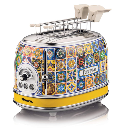 Ariete Positano 155, 2-Scheiben-Toaster, Toaster mit 6 Toaststufen, Automatischer Auswurf, Auftaufunktion, Herausnehmbares Krümelfach, Gehäuse aus Edelstahl, mit Sandwichzangen, 810W,