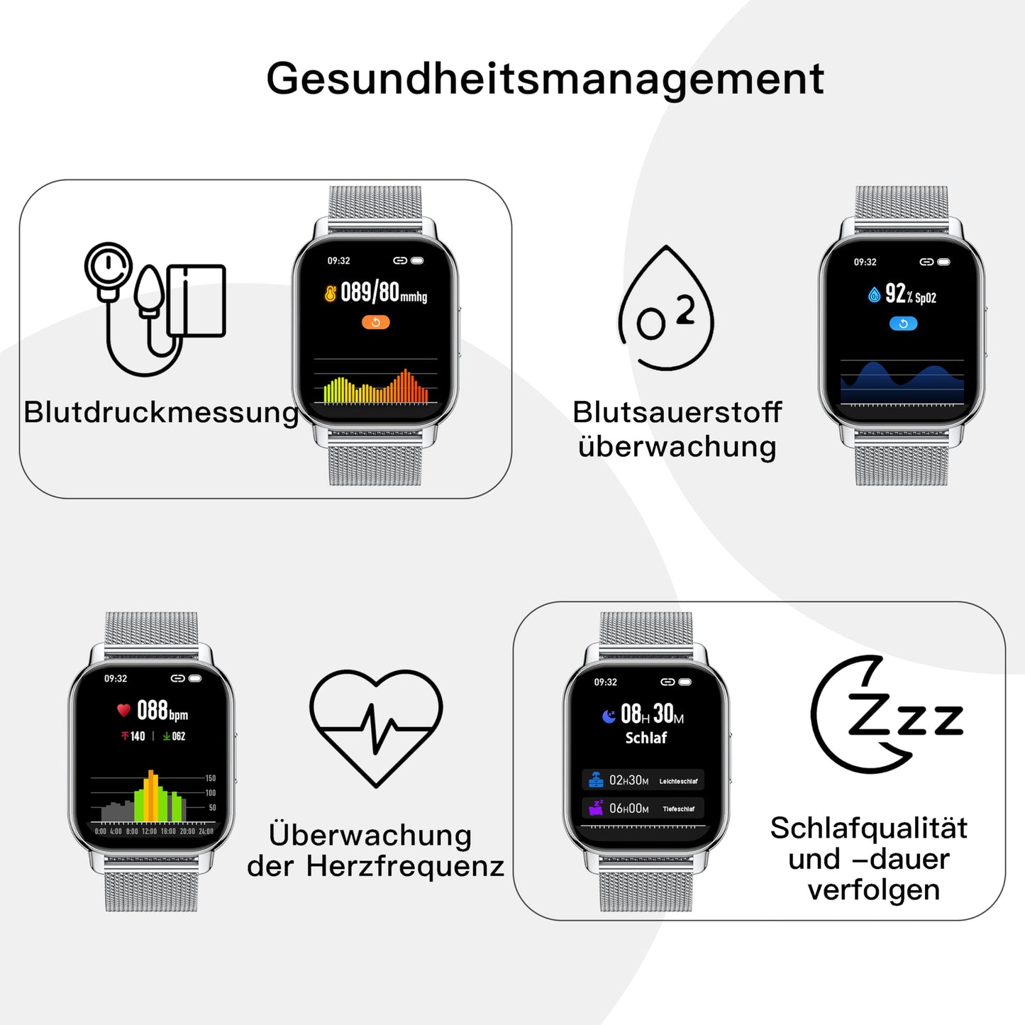 Popglory Smartwatch für Damen Herren, 1.85 Zoll Touch-Farbdisplay mit Bluetooth Anrufe,Fitnessuhr mit SpO2 Blutdruckmessung Herzfrequenz Schrittzähler Schlafmonitor, Musikwiedergabe, Silber,Grau