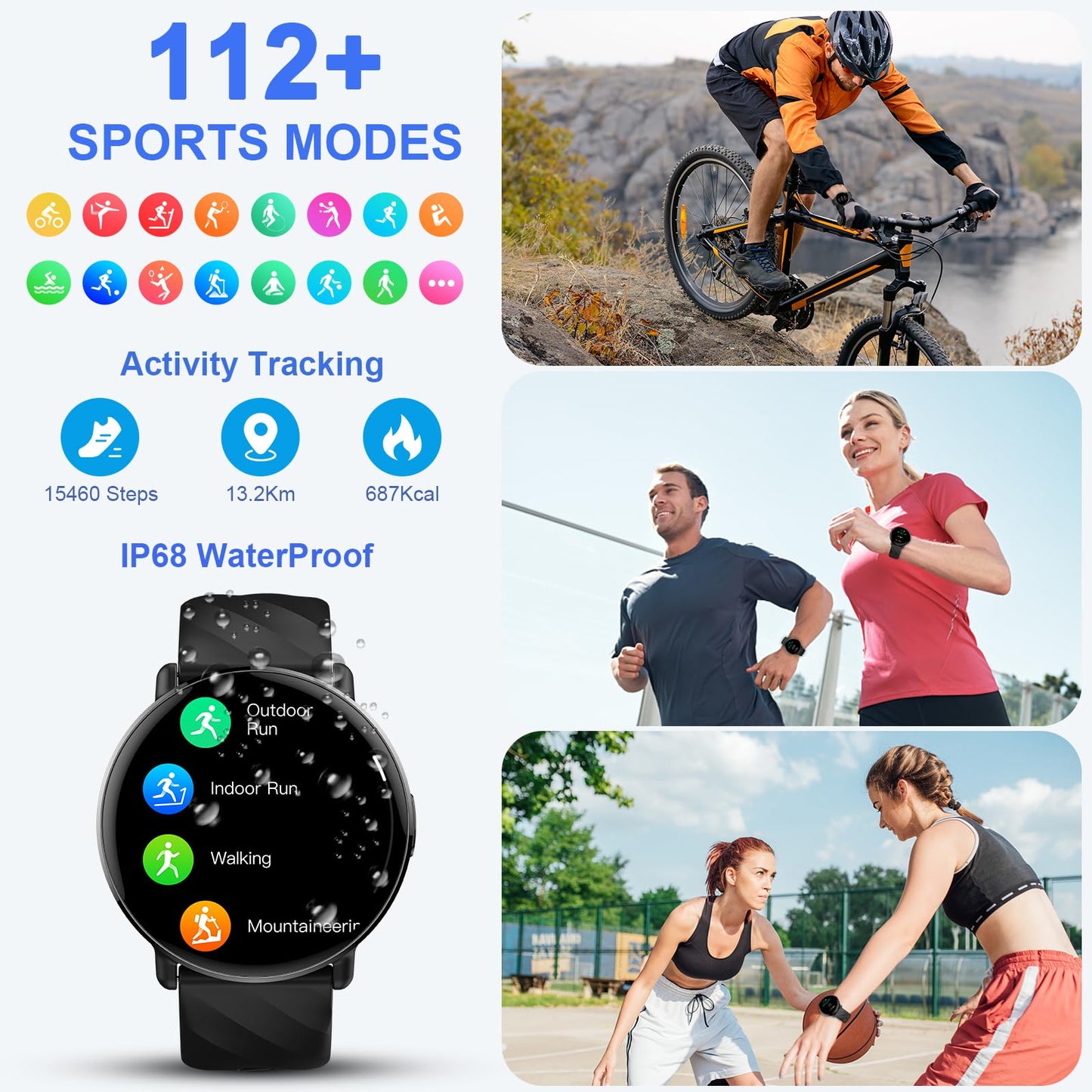 Smartwatch für Damen Herren, 1.39'' HD Touchscreen Smart Watch mit Telefonfunktion, 112+ Sportmodi Fitnessuhr mit Pulsuhr Schrittzähler Schlafmonitor, IPX68 Wasserdicht Sportuhr für iOS Android